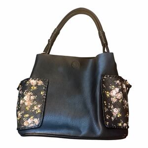 Le Bag Los Angeles Black Pebbled Hobo Bag with Floral Pockets & Knotted Strap